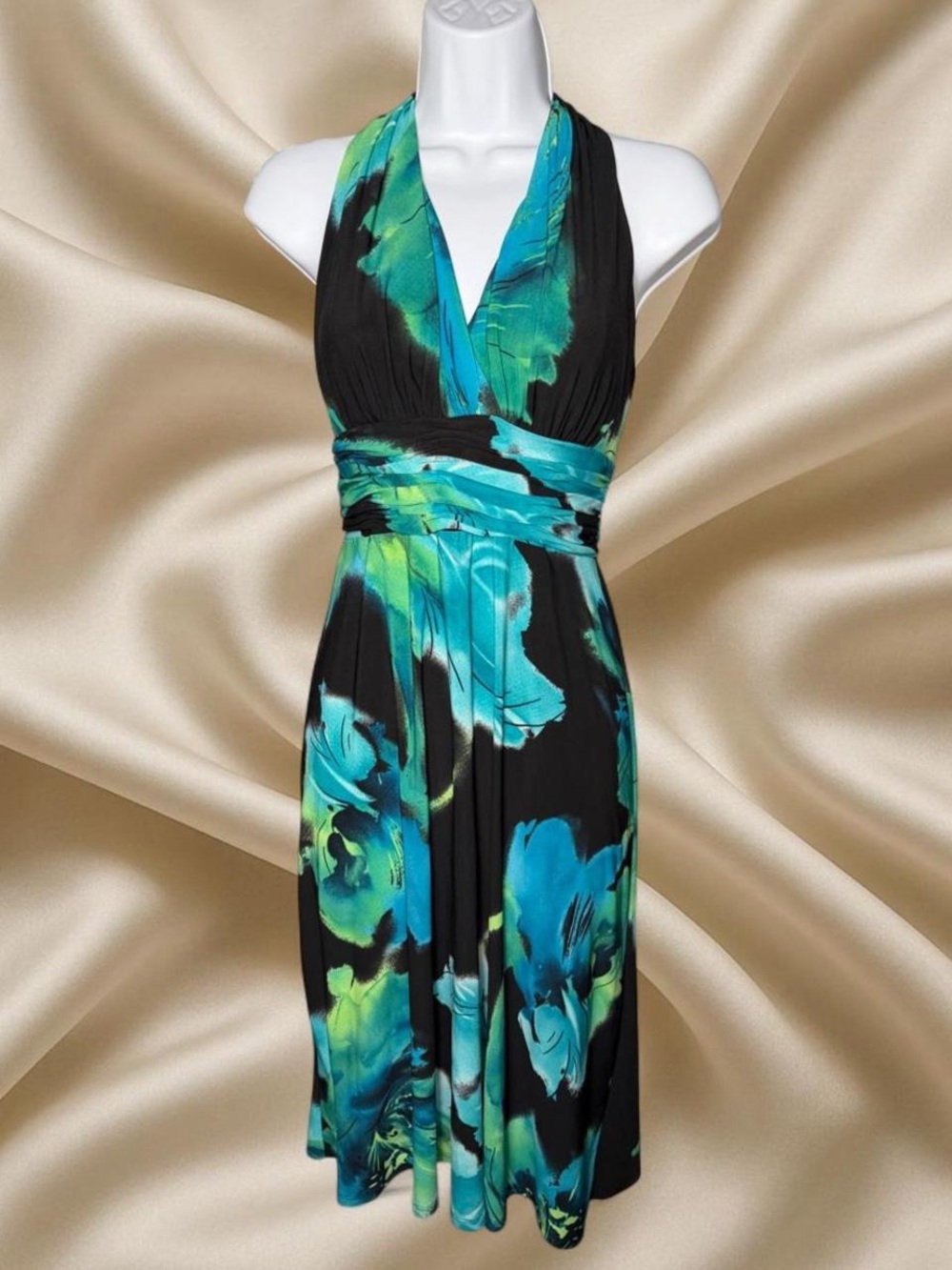 90s Evan-Picone Halter Midi Dress Resortcore Tropical Flowy Dress